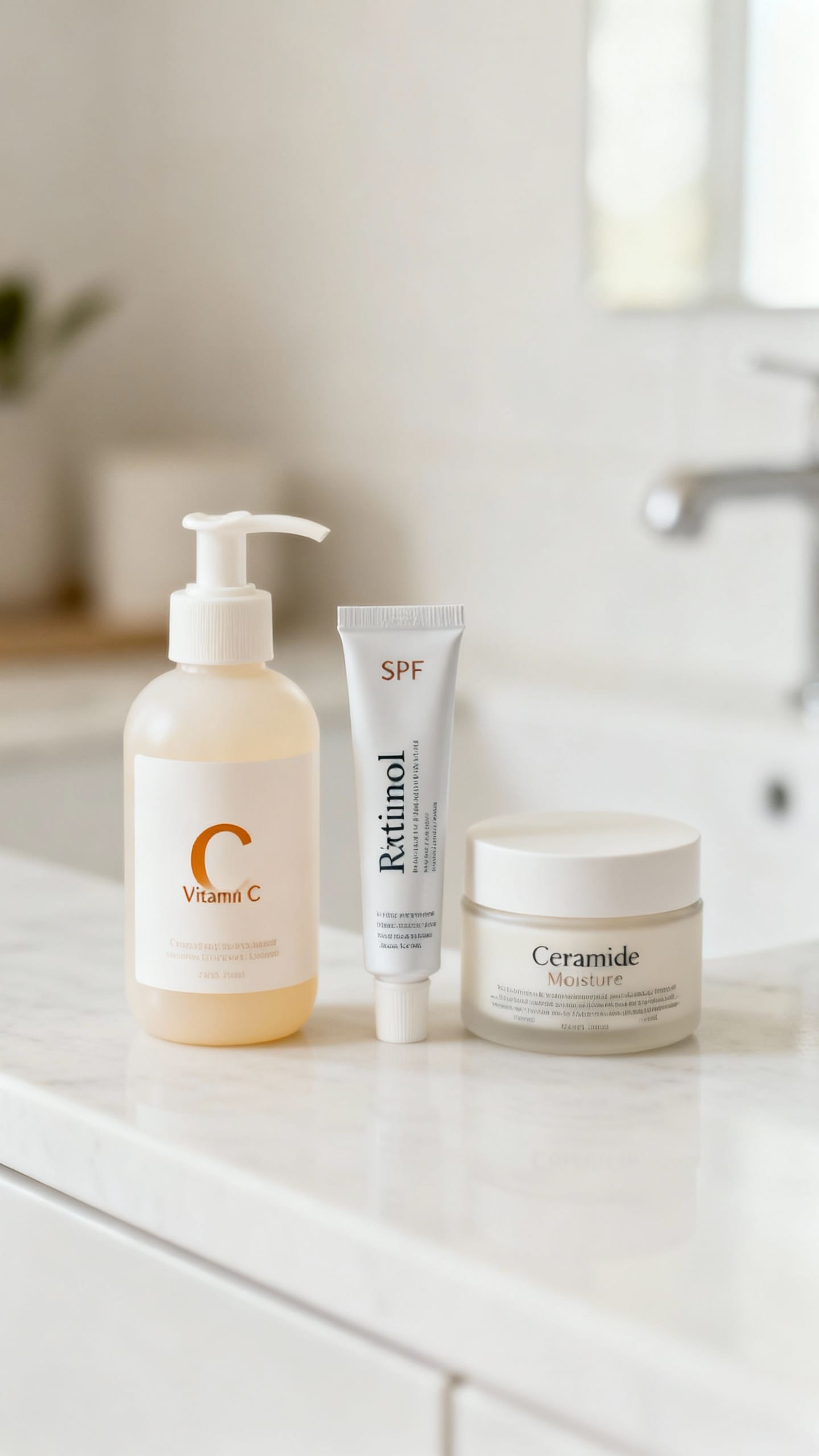 Bathroom counter closeup: opaque vitamin C pump, retinol tube, SPF tube, ceramide moisturizer