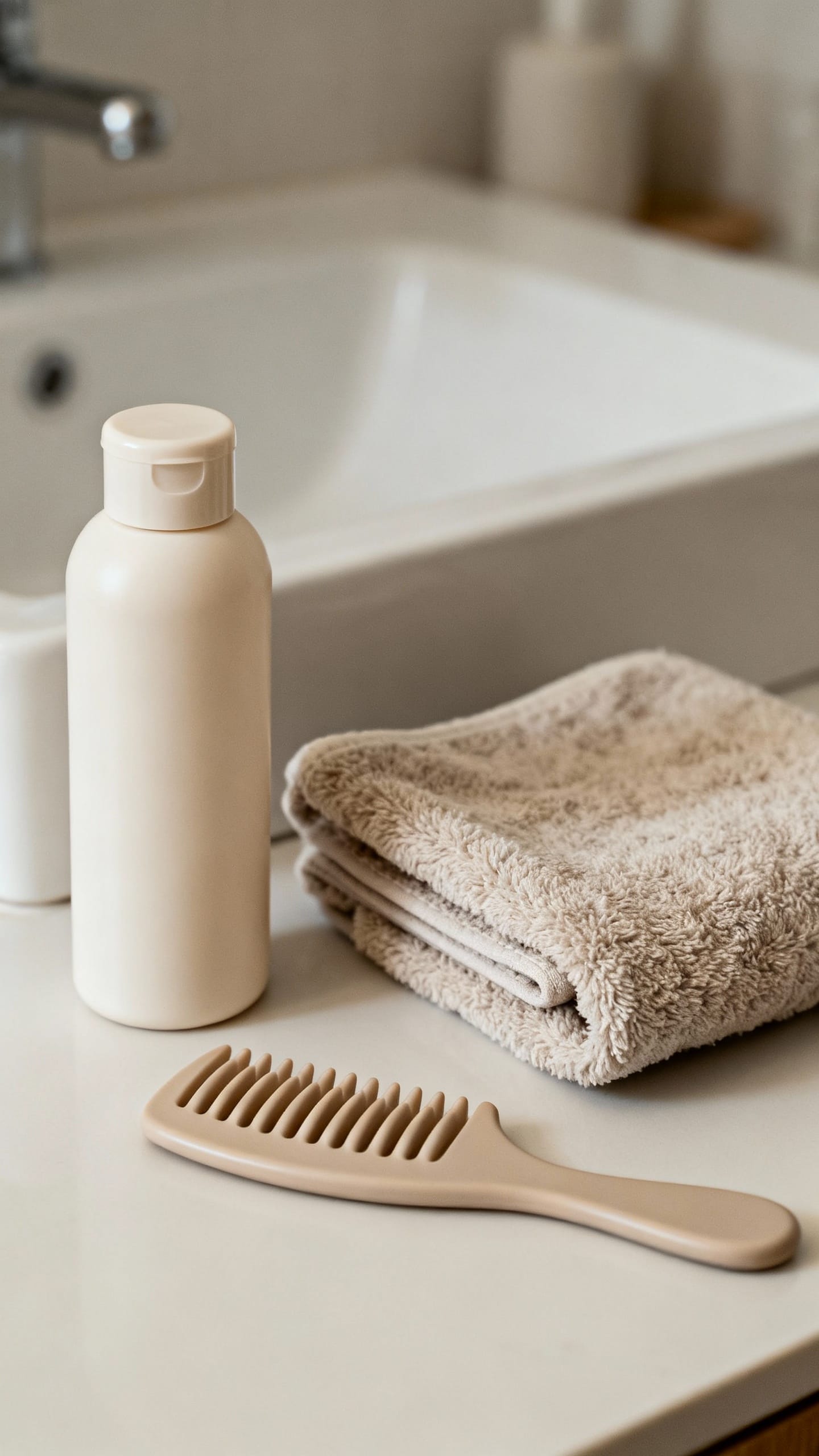 Bathroom scene: ketoconazole shampoo bottle, microfiber towel, wide-tooth comb