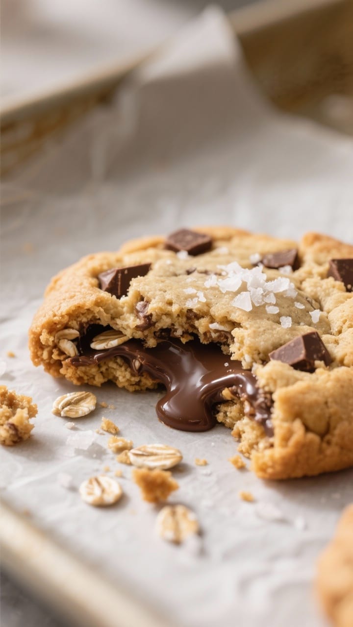 Close-up detail: A freshly baked oatmeal chocolate chip cookie broken open, showing gooey, glossy po