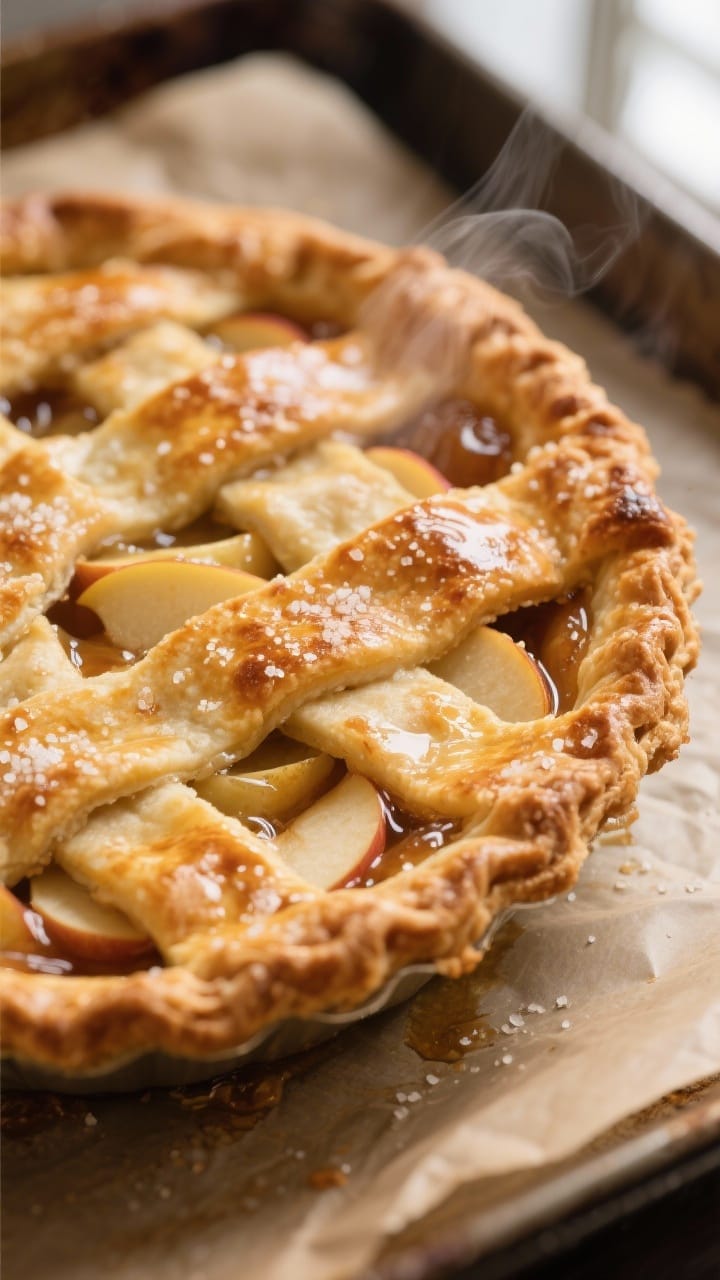 Close-up detail: A golden, fully baked double-crust apple pie just out of the oven, showing deep gol