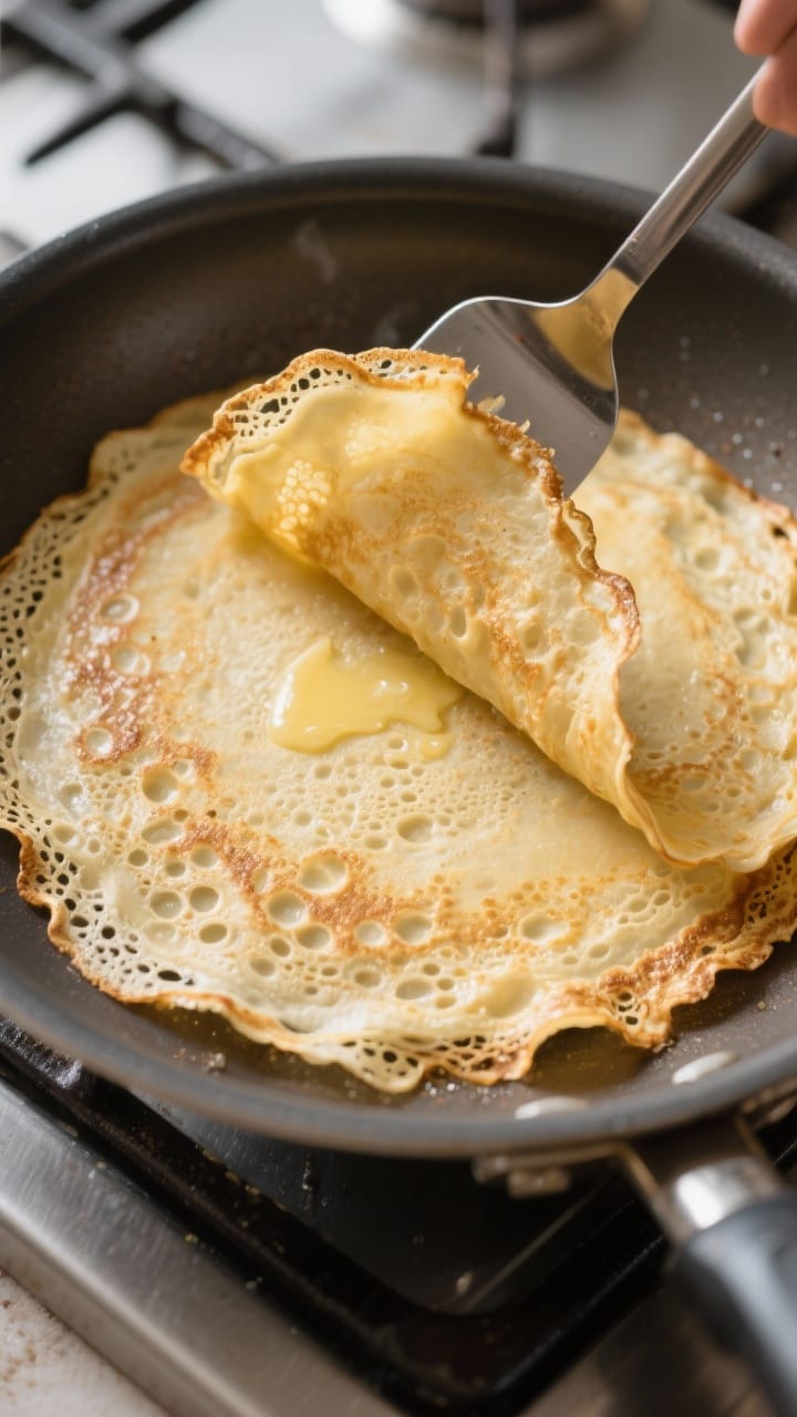 Close-up detail: A golden, lacy-edged crepe just flipped in an 8–10 inch nonstick skillet, second 