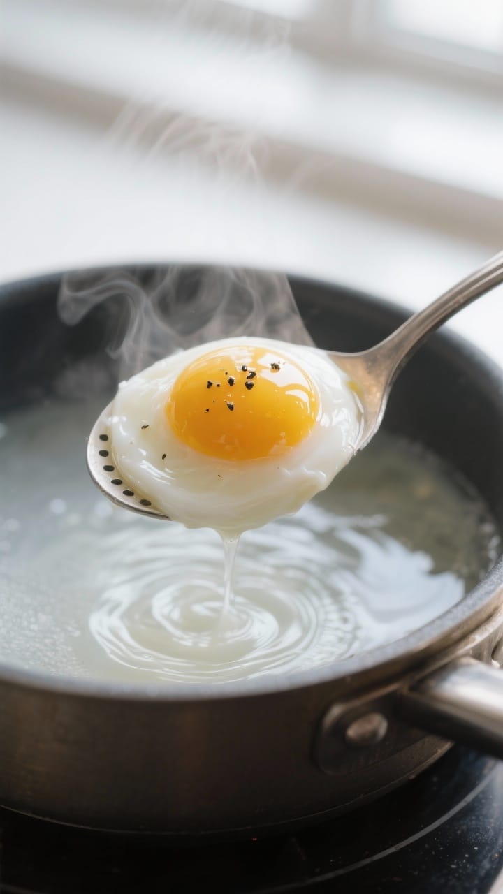 Close-up detail: A perfectly poached egg being lifted from a gently simmering saucepan with a slotte