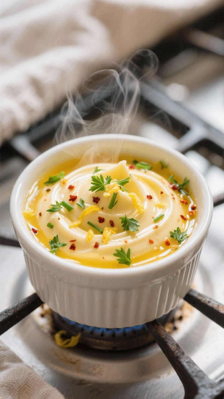 Close-up detail: A warm ramekin of melted Cowboy Butter just off the stove, glossy and golden with f