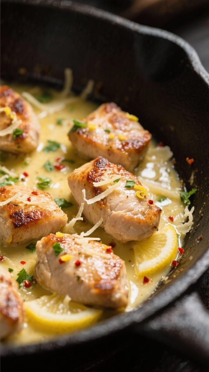 Close-up detail: Bite-sized seared chicken glistening in a buttery garlic-lemon sauce in the skillet