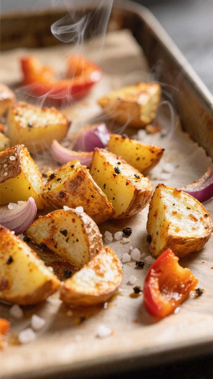Close-up detail: Crispy roasted potato chunks fresh from the oven, edges blistered and golden with s
