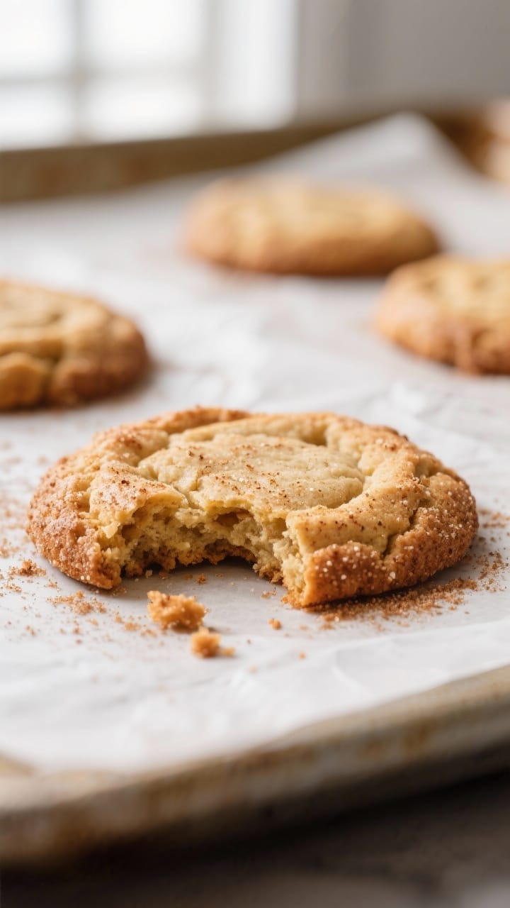 Close-up detail: Freshly baked snickerdoodle just out of the oven, crackly cinnamon-sugar crust shim