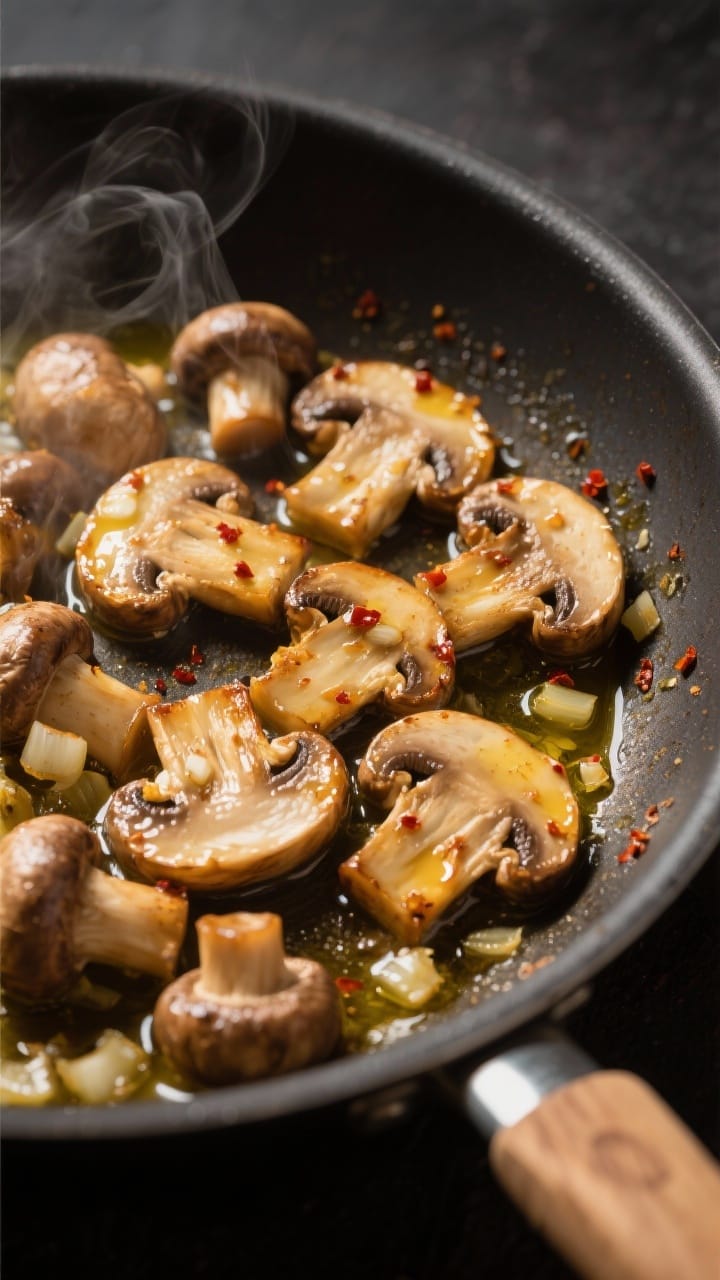 Close-up detail: Golden sautéed cremini/baby bella mushrooms in a wide skillet, edges caramelized a