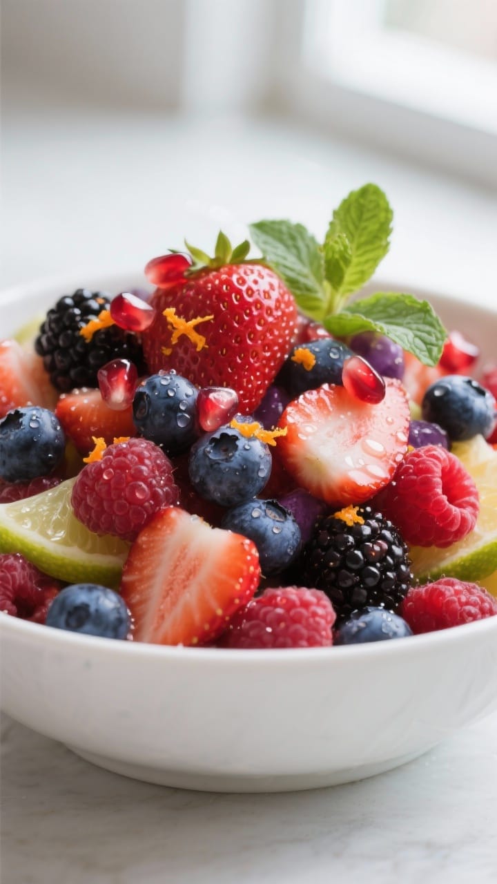 Close-up detail shot: A glistening “Berry Burst” fruit salad already dressed and served, showing