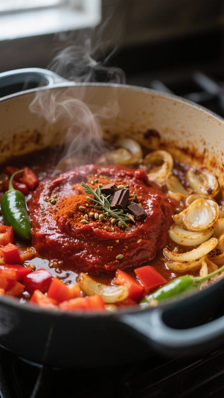 Close-up detail shot of chili spices blooming in tomato paste: a deep mahogany-red, glossy paste siz