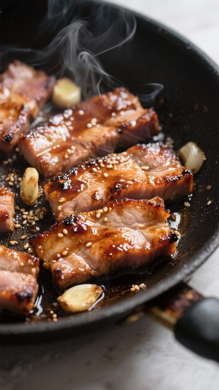 Close-up detail: Sizzling, caramelized pork slices just finished searing in a skillet, glistening wi