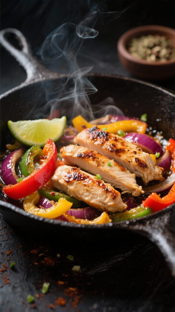 Close-up detail: Sizzling chicken fajitas in a cast-iron skillet mid-cook, showing caramelized, thin