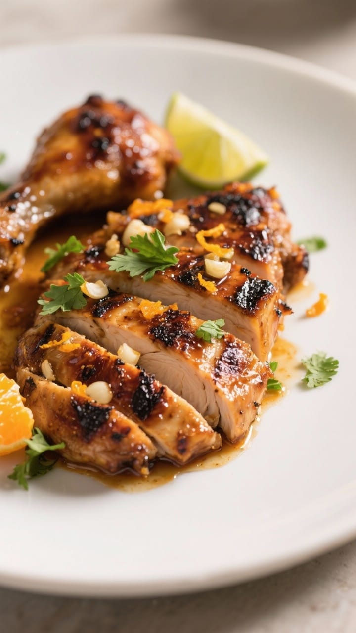 Close-up detail: Sliced grilled chicken thighs glazed with Cuban mojo, resting juices glistening on 