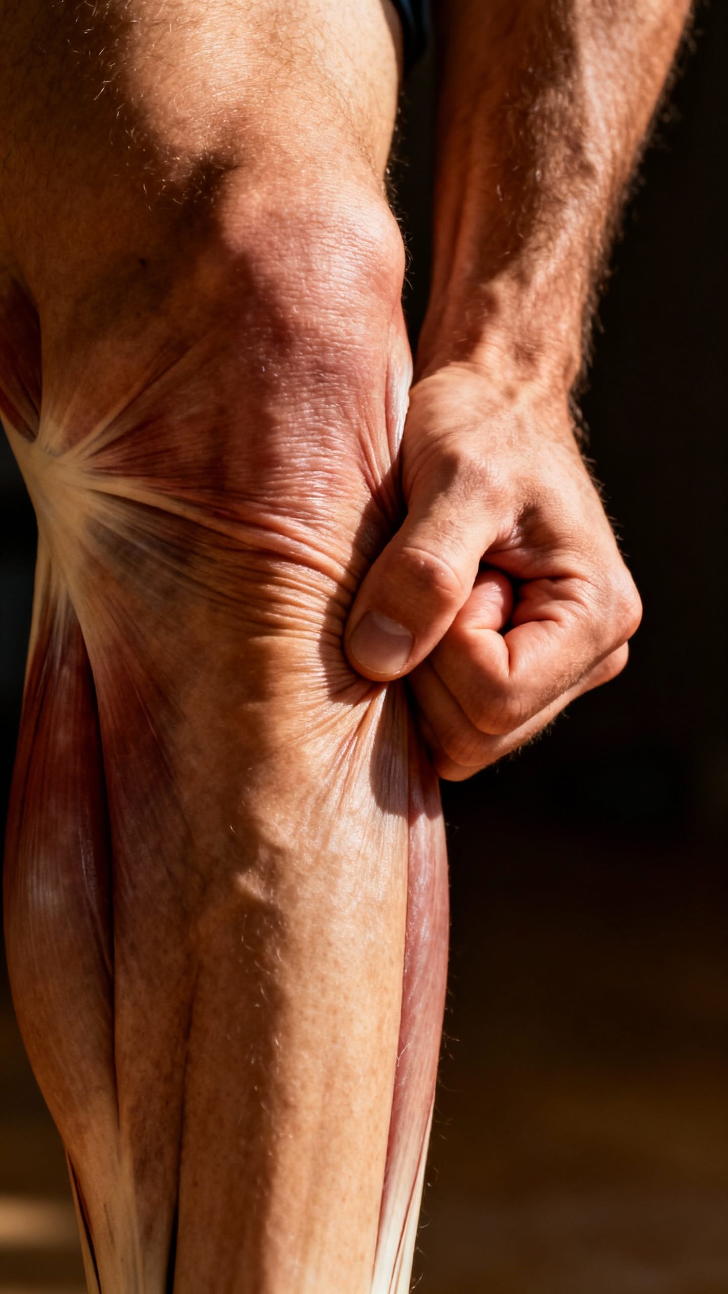 Closeup calf muscle cramp, clenched male hand massaging