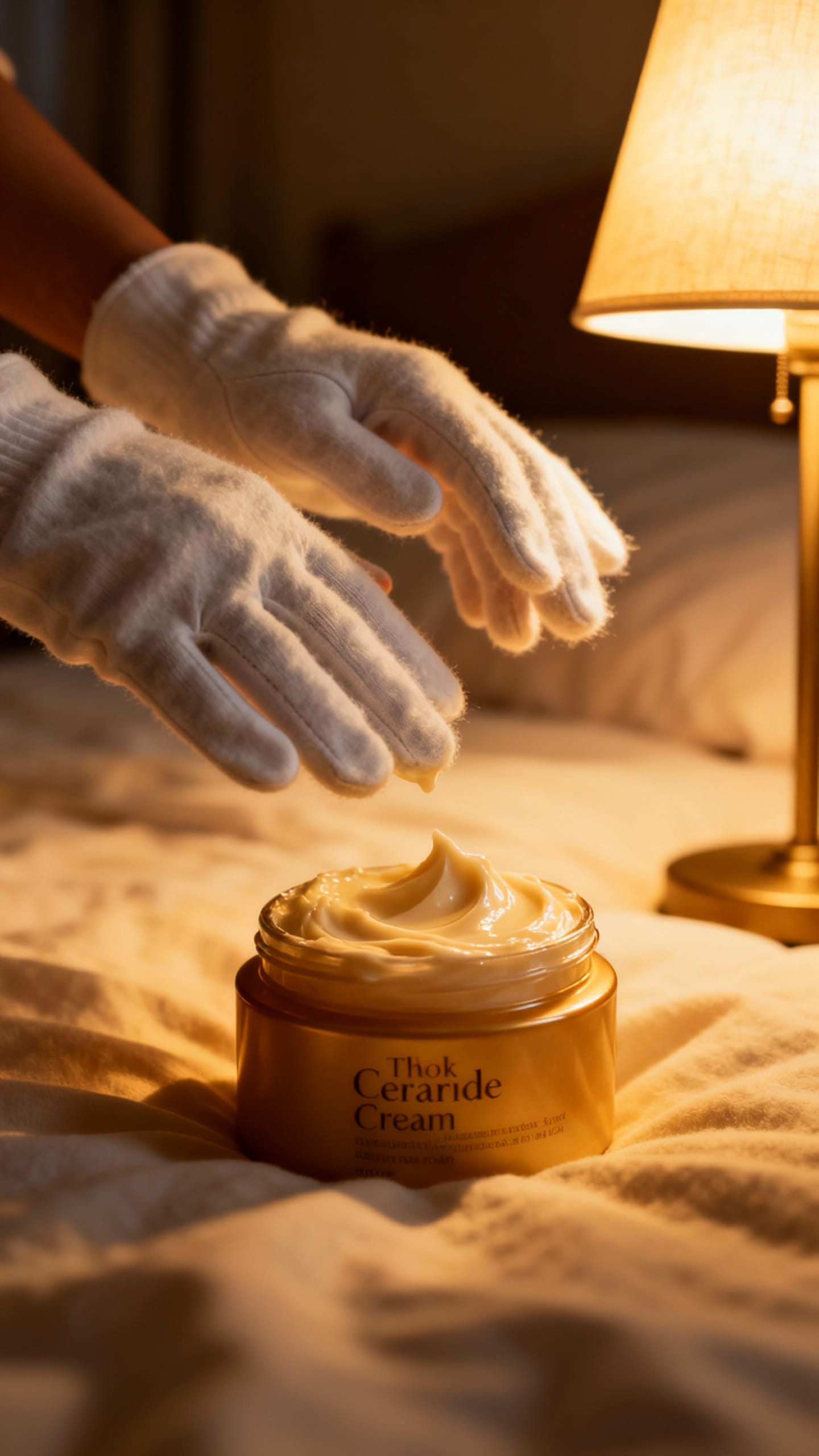 Closeup cotton-gloved hands over thick ceramide cream, nighttime bedside lamp glow
