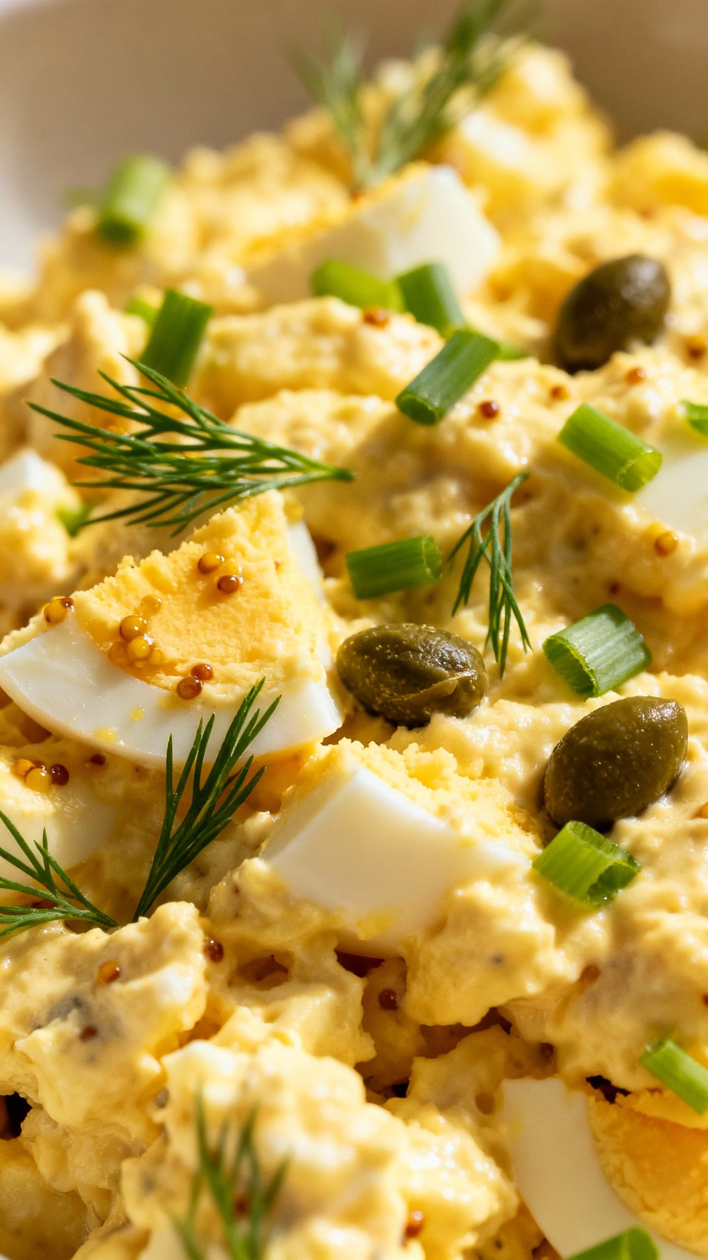 Closeup creamy egg salad with dill, chives, Dijon, capers