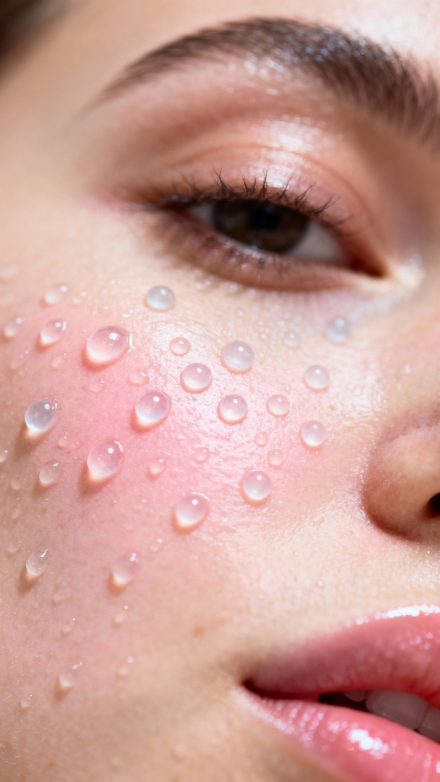 Closeup damp cheek skin with hyaluronic acid beads, glossy hydrated texture