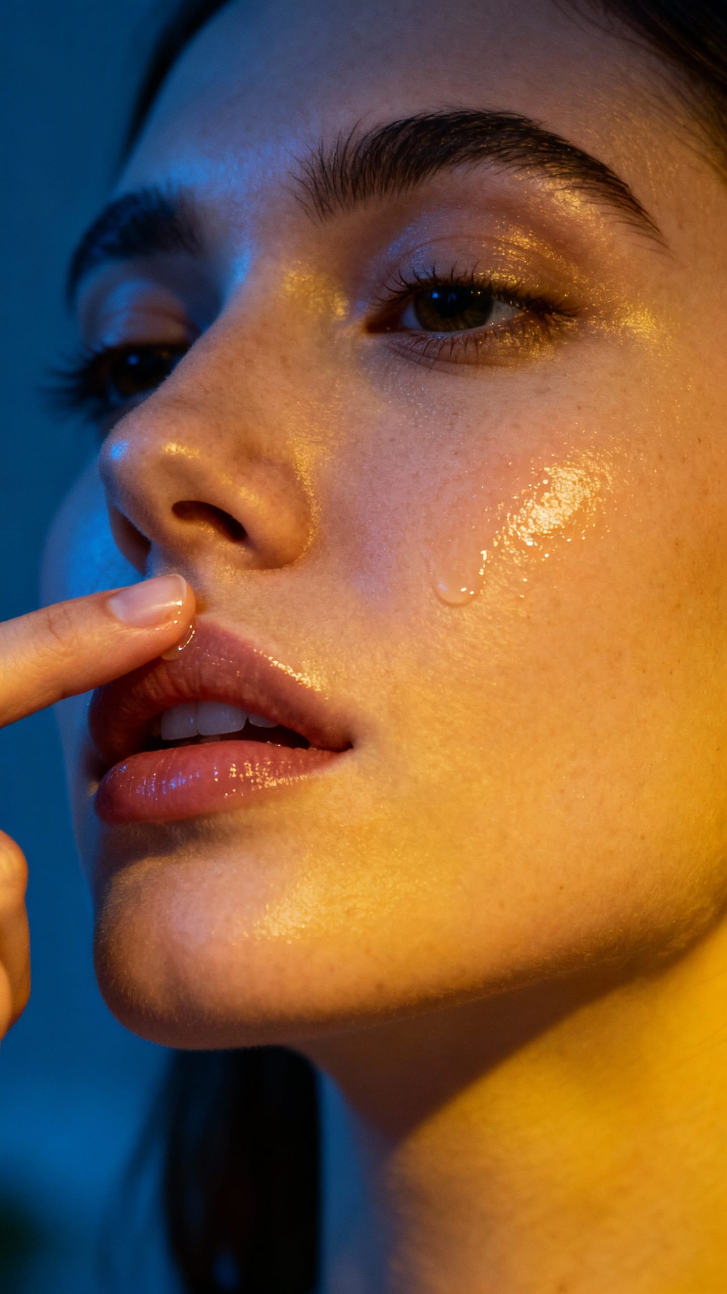 Closeup female applying retinol above upper lip, nighttime, dewy skin