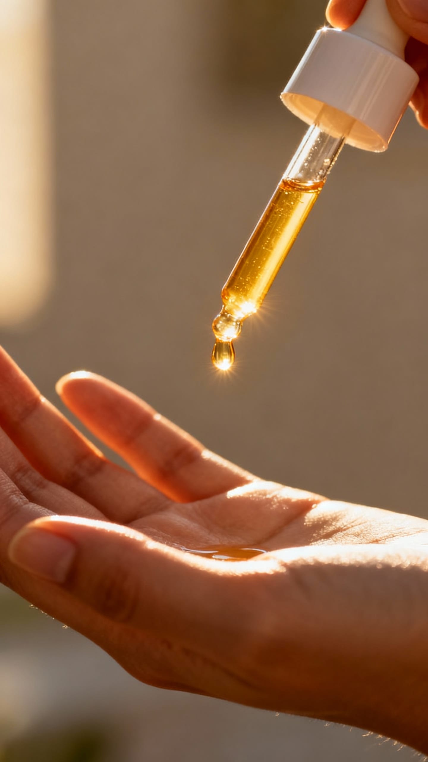 Closeup female hand applying golden vitamin C serum dropper, morning sunlight