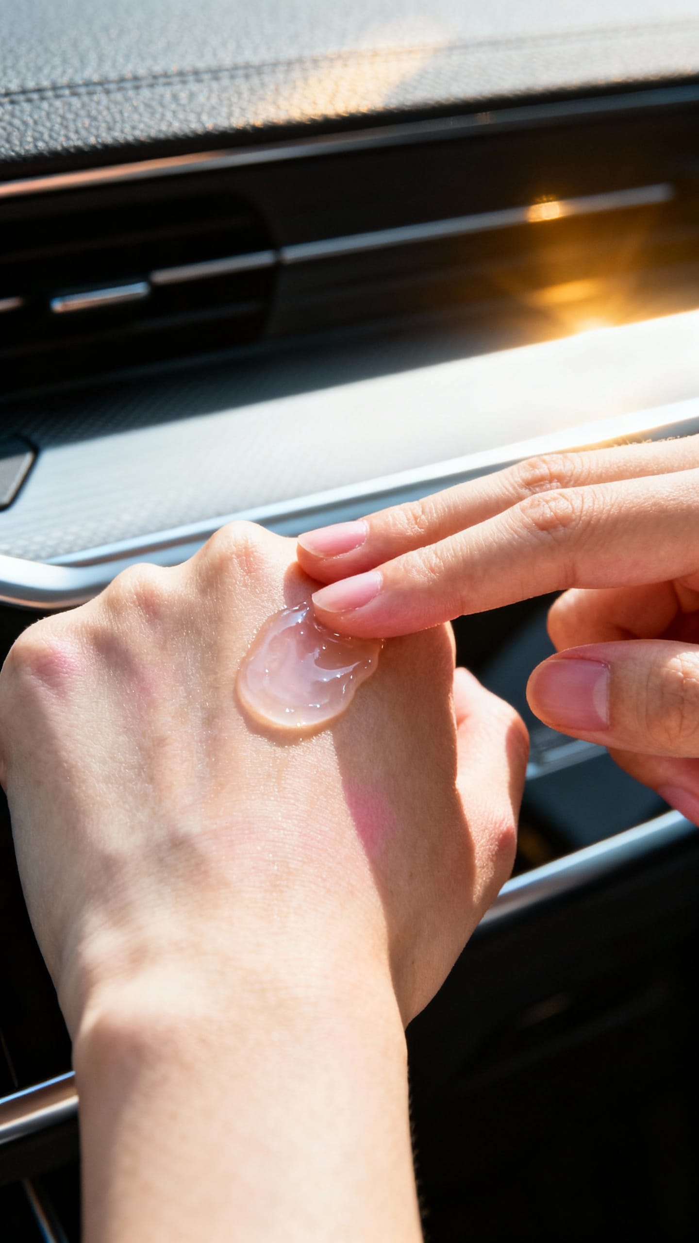 Closeup female hands applying broad-spectrum SPF gel, car dashboard sunlight