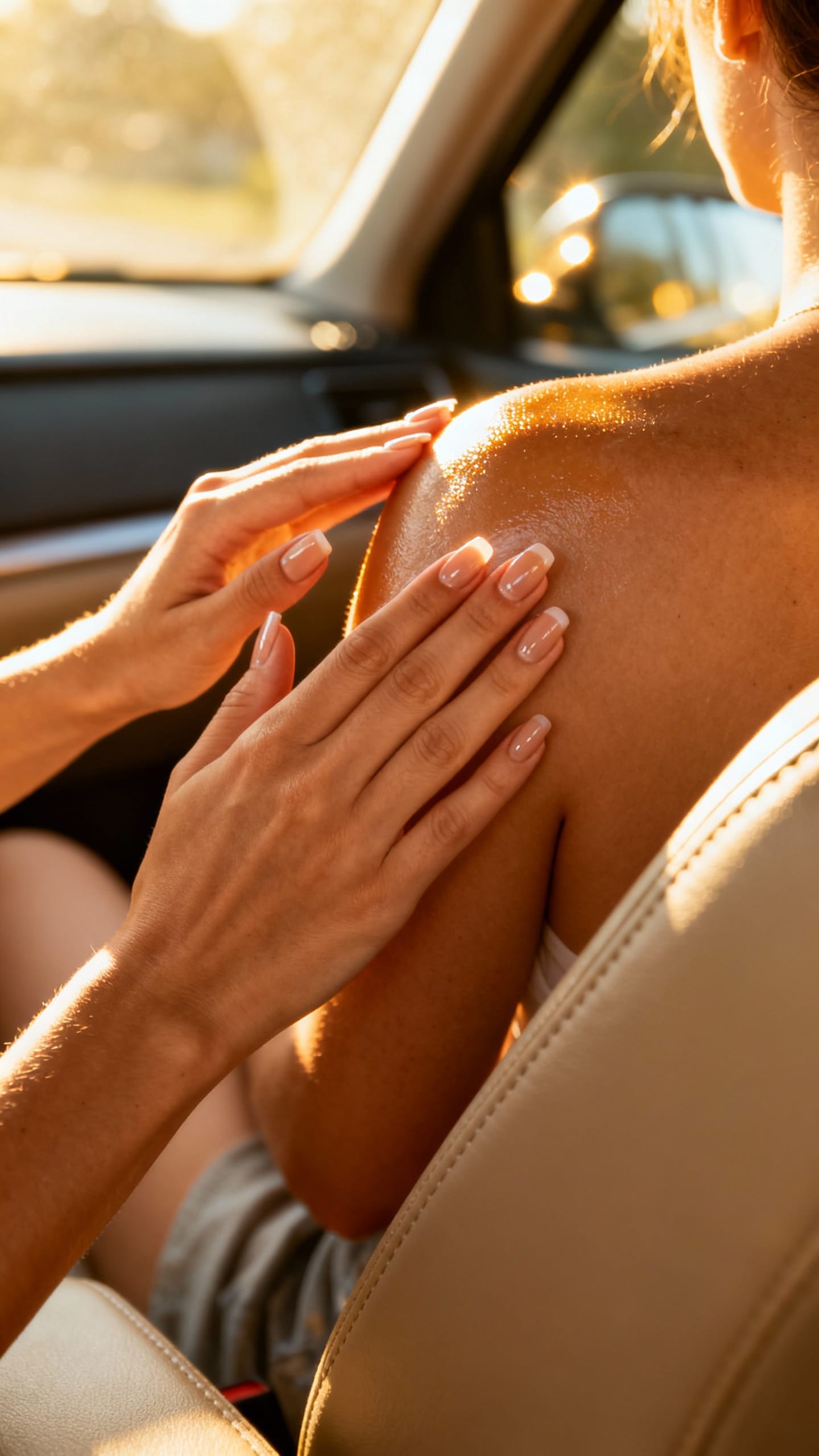 Closeup female hands applying SPF to backs, sunny car interior
