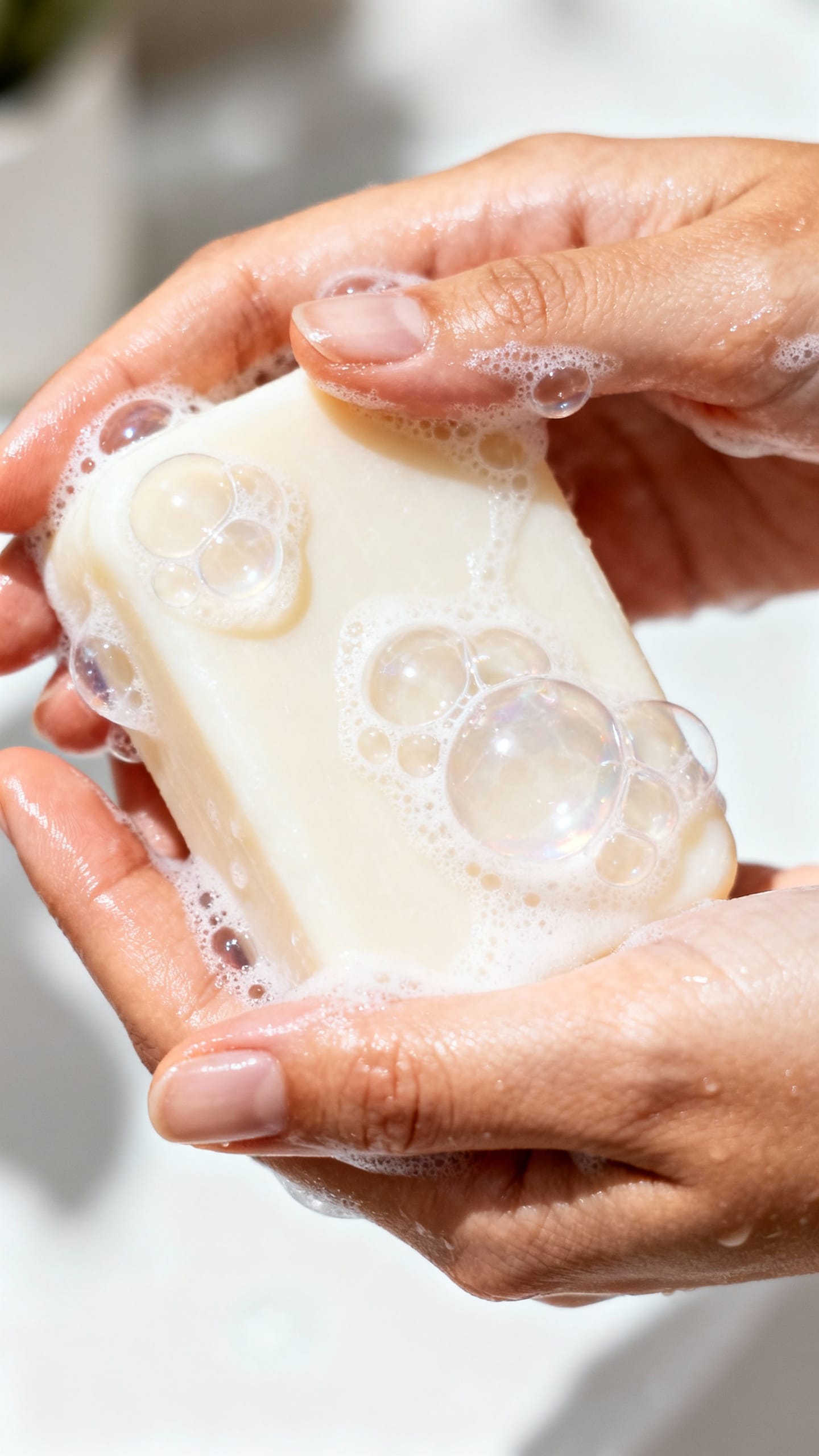 Closeup female hands lathering creamy syndet bar with glycerin bubbles