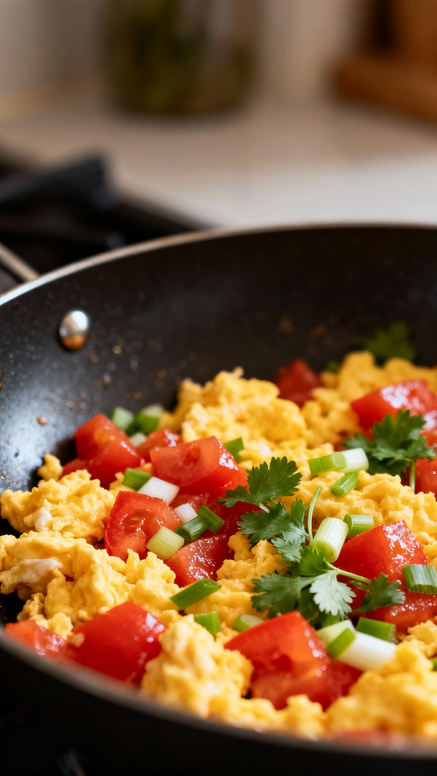 Closeup glossy soft-scrambled eggs with tomatoes, scallions, cilantro, nonstick skillet