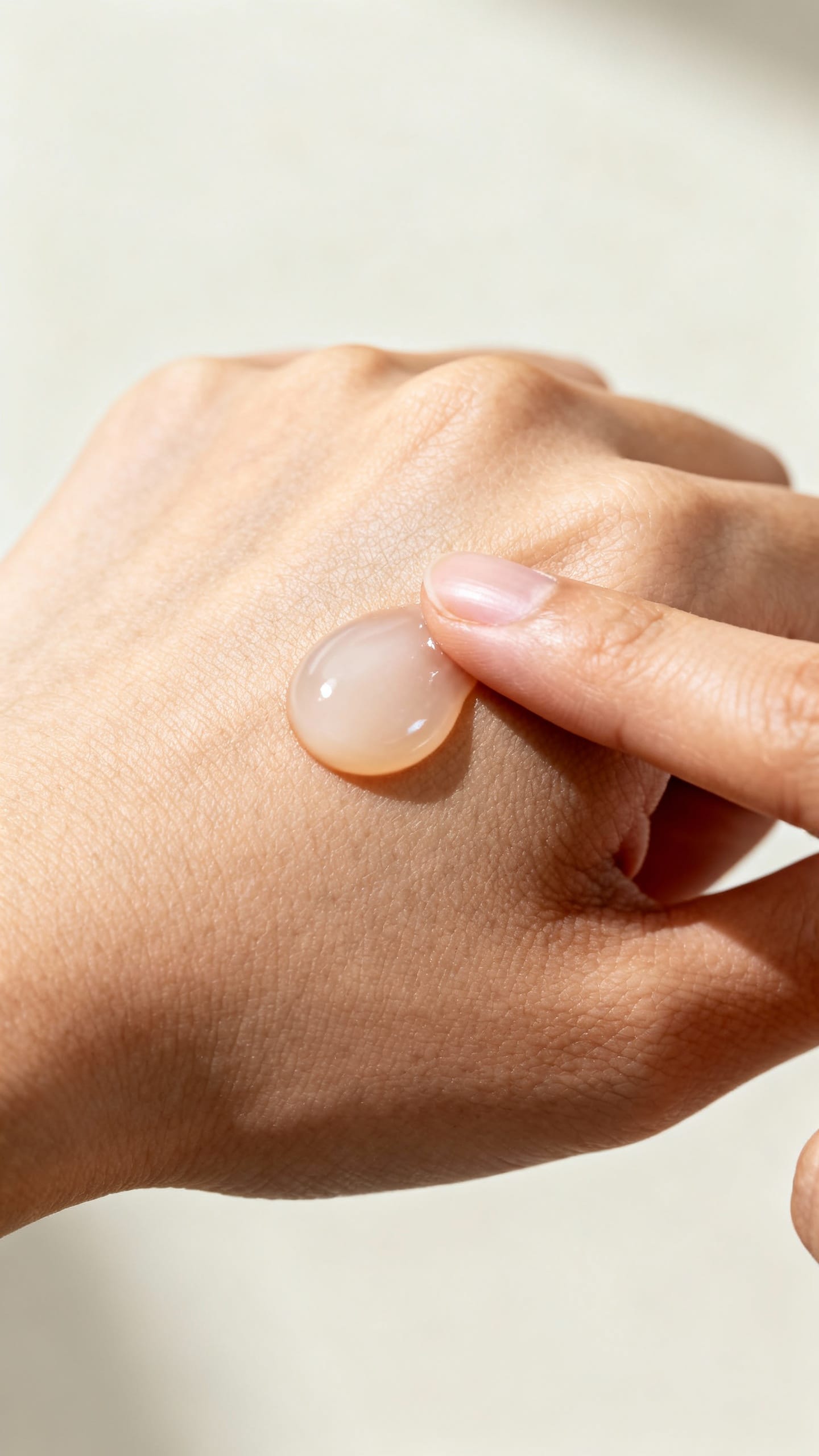 Closeup hand applying pea-sized eye cream to orbital bone