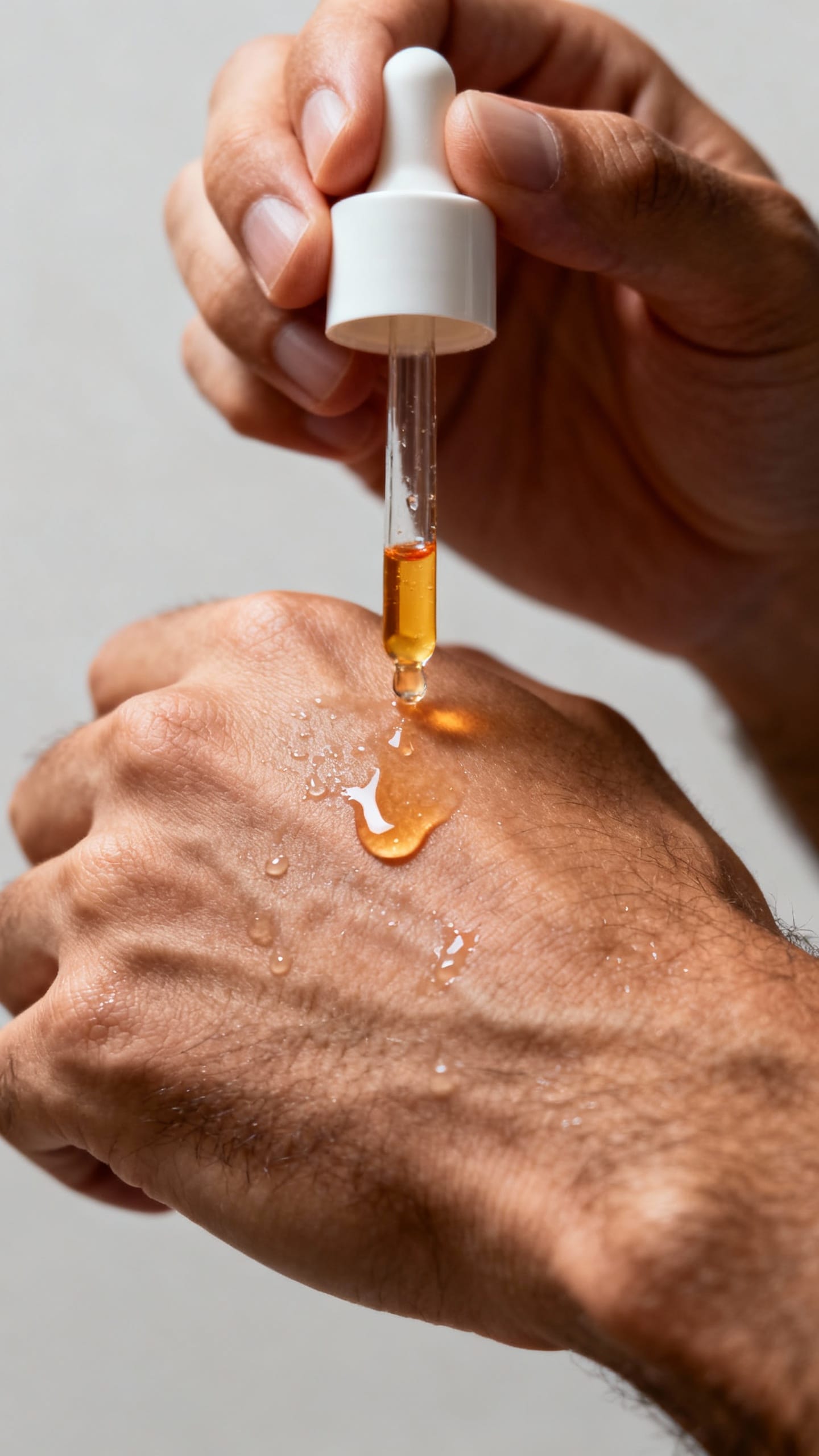 Closeup male hands using vitamin C dropper, serum glistening on knuckles