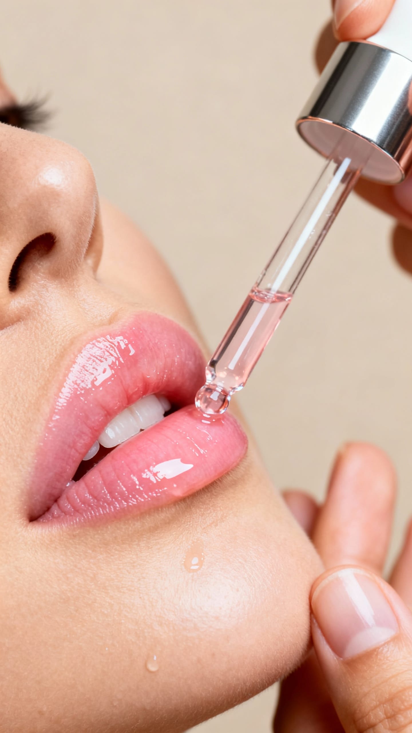 Closeup of female hands applying hyaluronic lip serum, glossy dropper, damp pink lips
