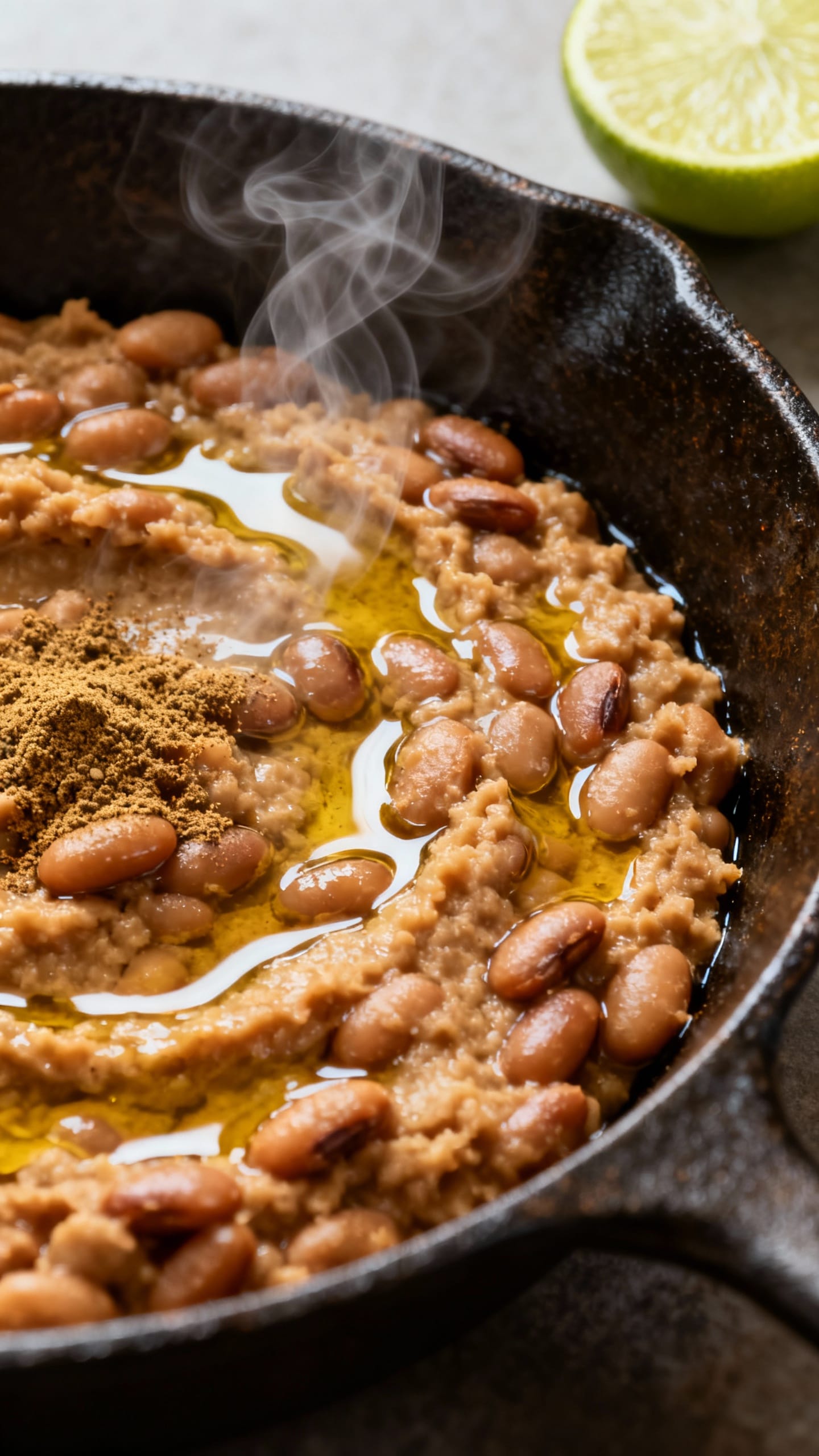 Closeup of mashed pinto beans in cast-iron skillet, glossy olive oil sheen, steam rising, sprinkled