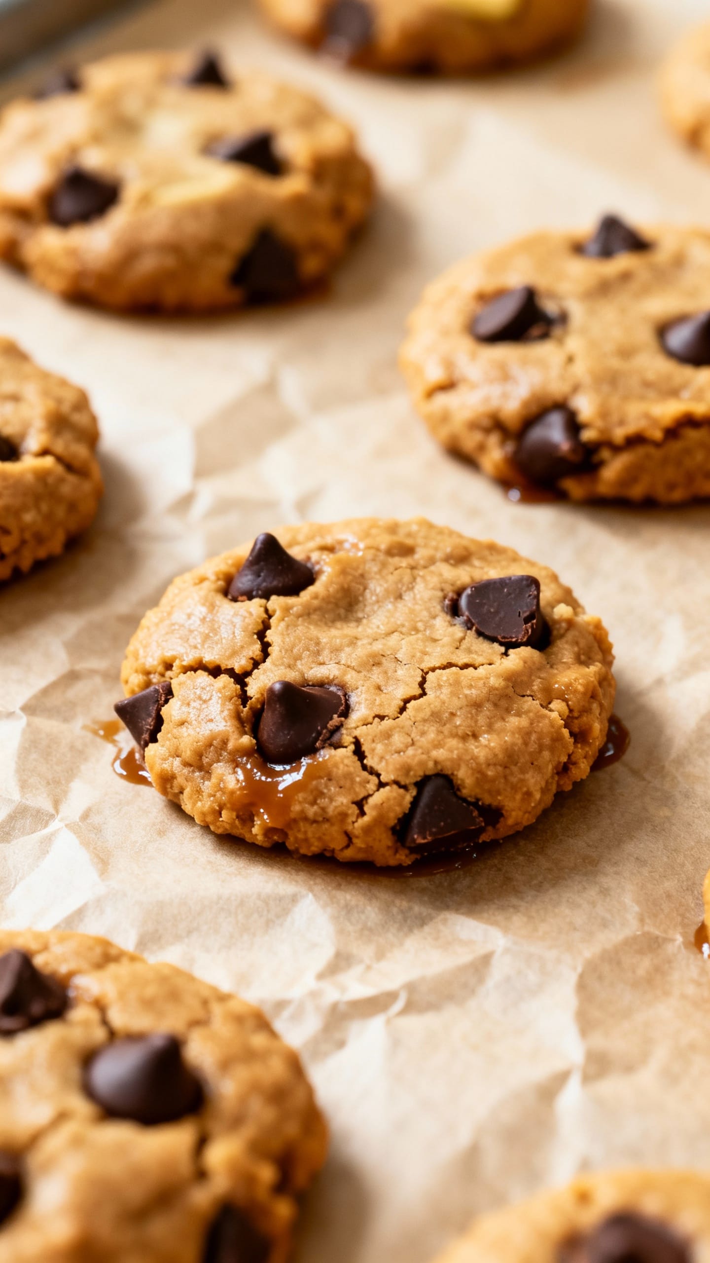 Closeup of peanut butter banana protein cookies, dark chocolate chips, on parchment-lined baking she