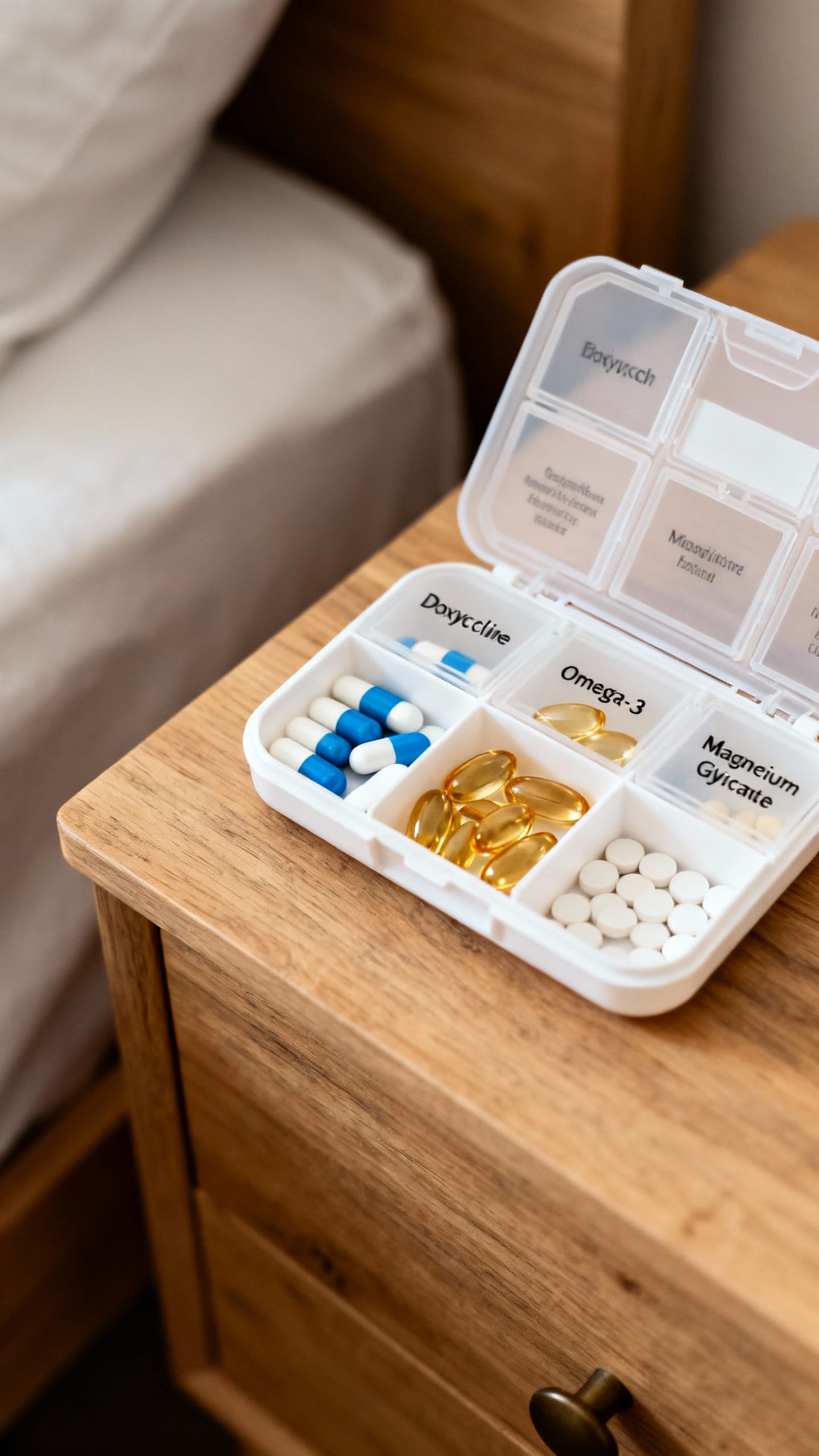 Closeup of pill organizer, doxycycline capsules, omega-3 softgels, magnesium glycinate on wooden nig