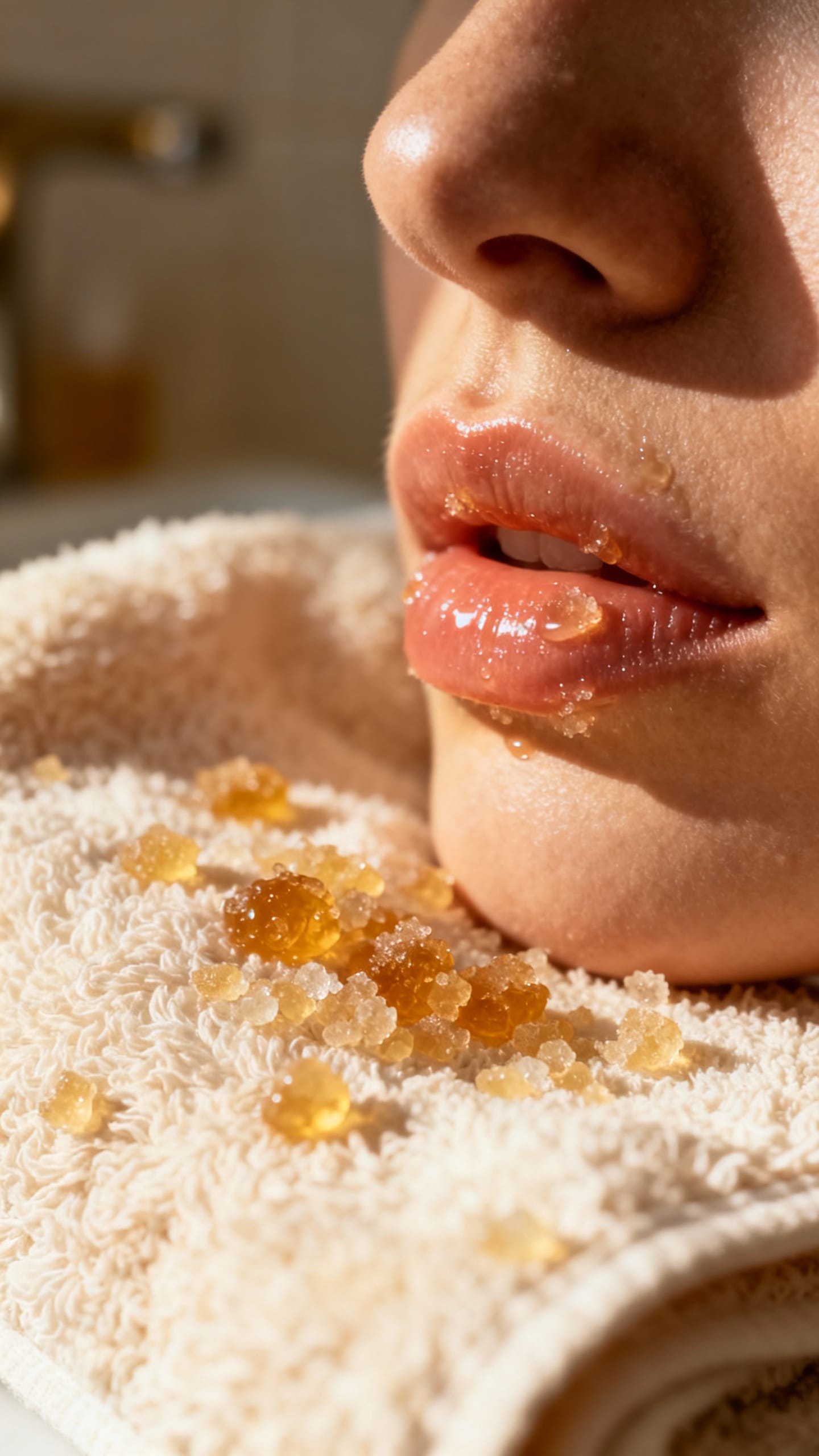 Closeup of soft washcloth gently exfoliating lips, sugar-honey granules, warm bathroom light