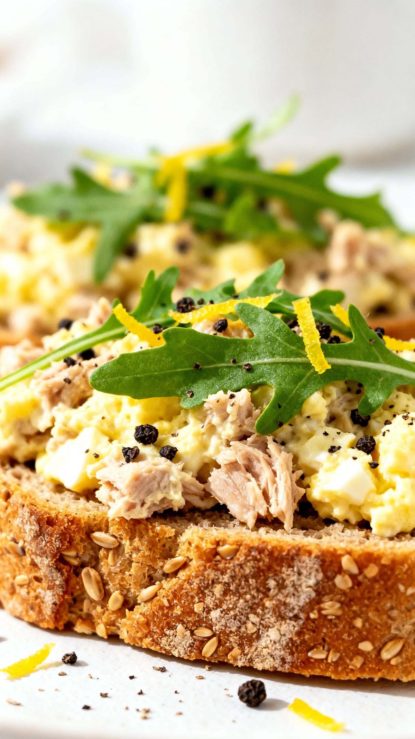 Closeup open-faced whole-grain toast topped with tuna egg salad, arugula, cracked pepper, lemon zest