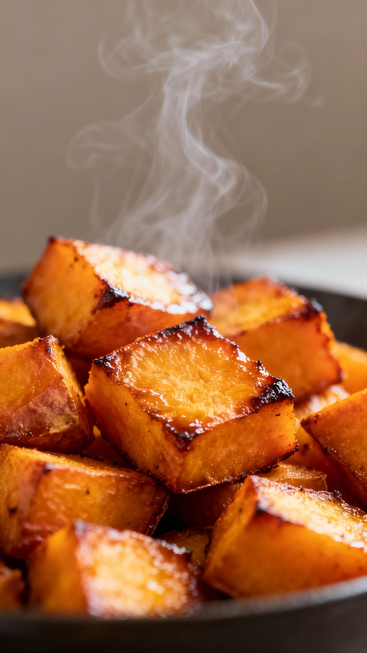 Closeup roasted sweet potato cubes with caramelized edges, steam