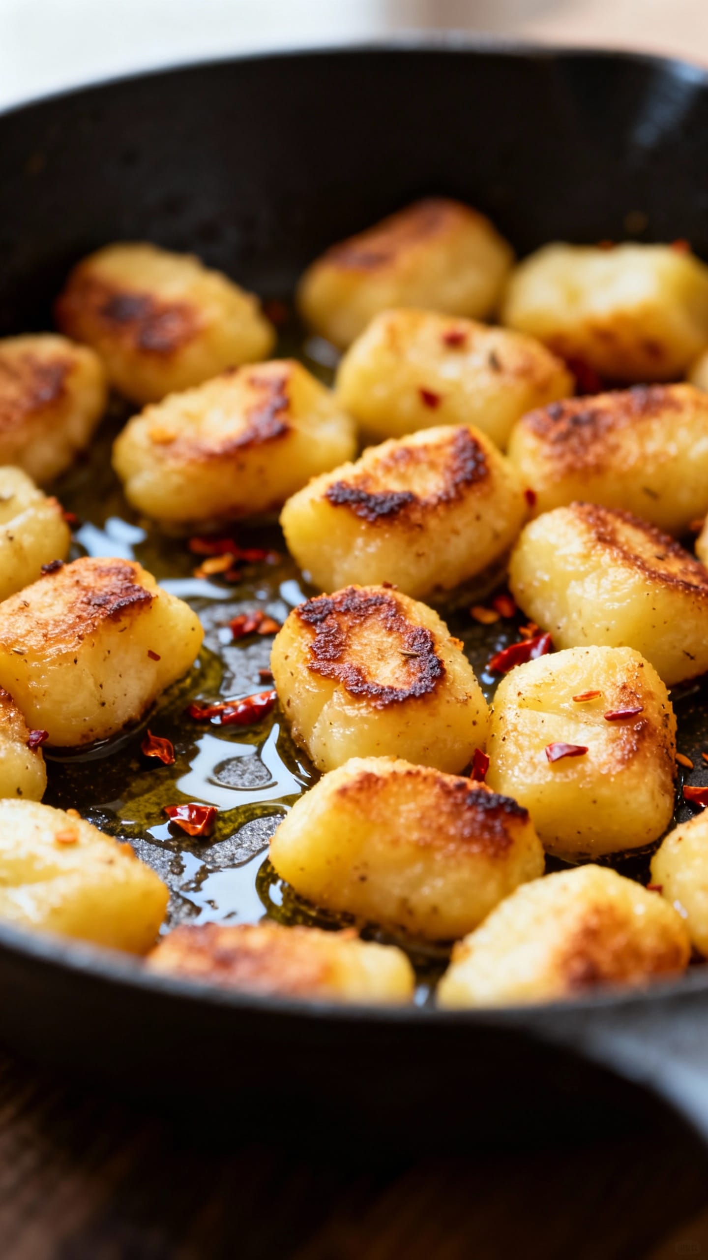 Closeup seared gnocchi with crisp edges in skillet, golden-brown, olive oil sheen, scattered chili f