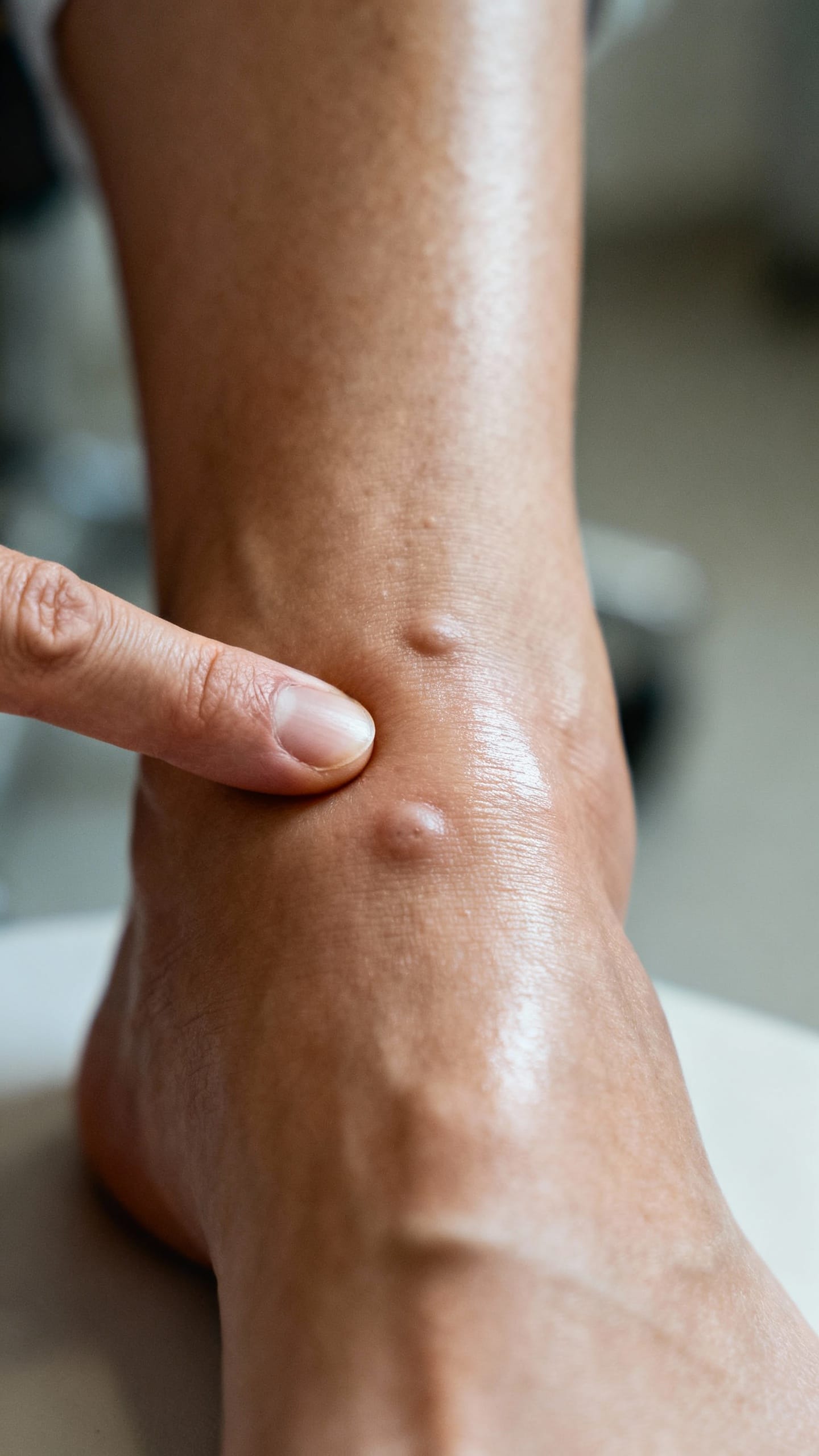Closeup thumb pressing swollen ankle, visible pitting dent, soft shiny skin