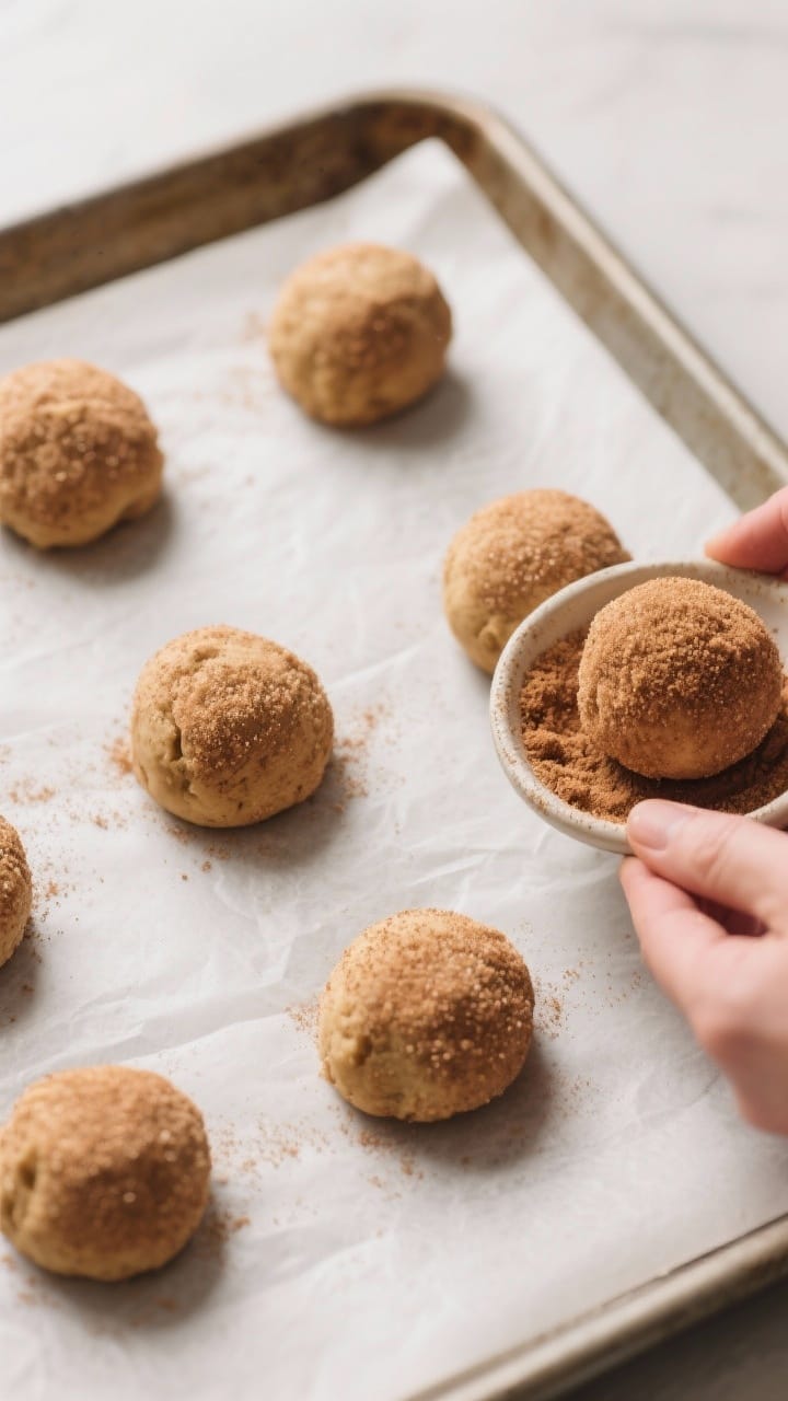 Cooking process: Chilled snickerdoodle dough balls rolled generously in cinnamon-sugar, arranged 2 i