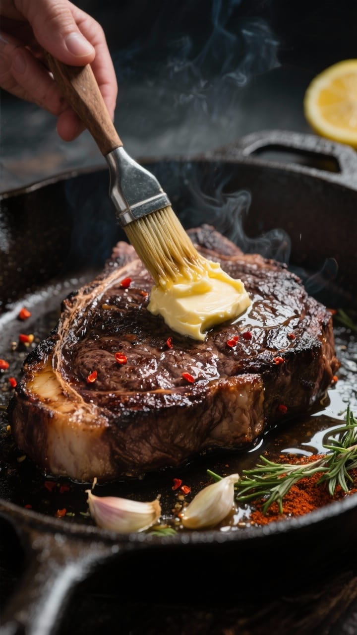 Cooking process: Cowboy Butter being brushed onto a reverse-seared ribeye on a cast-iron skillet; th