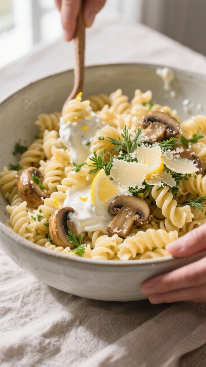 Cooking process: Hot al dente fusilli being tossed in a large mixing bowl with silky lemon-herb crea