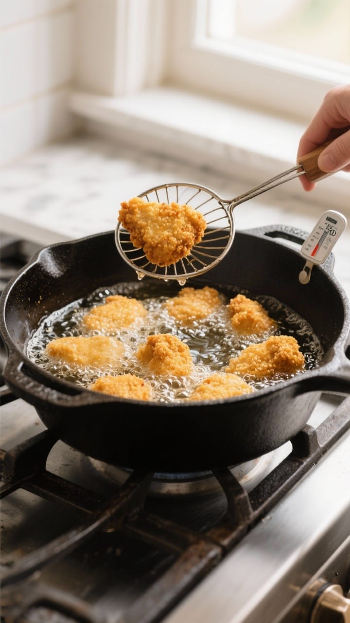 Cooking process: Nuggets frying in a cast-iron skillet/Dutch oven at 350°F—oil bubbling gently ar