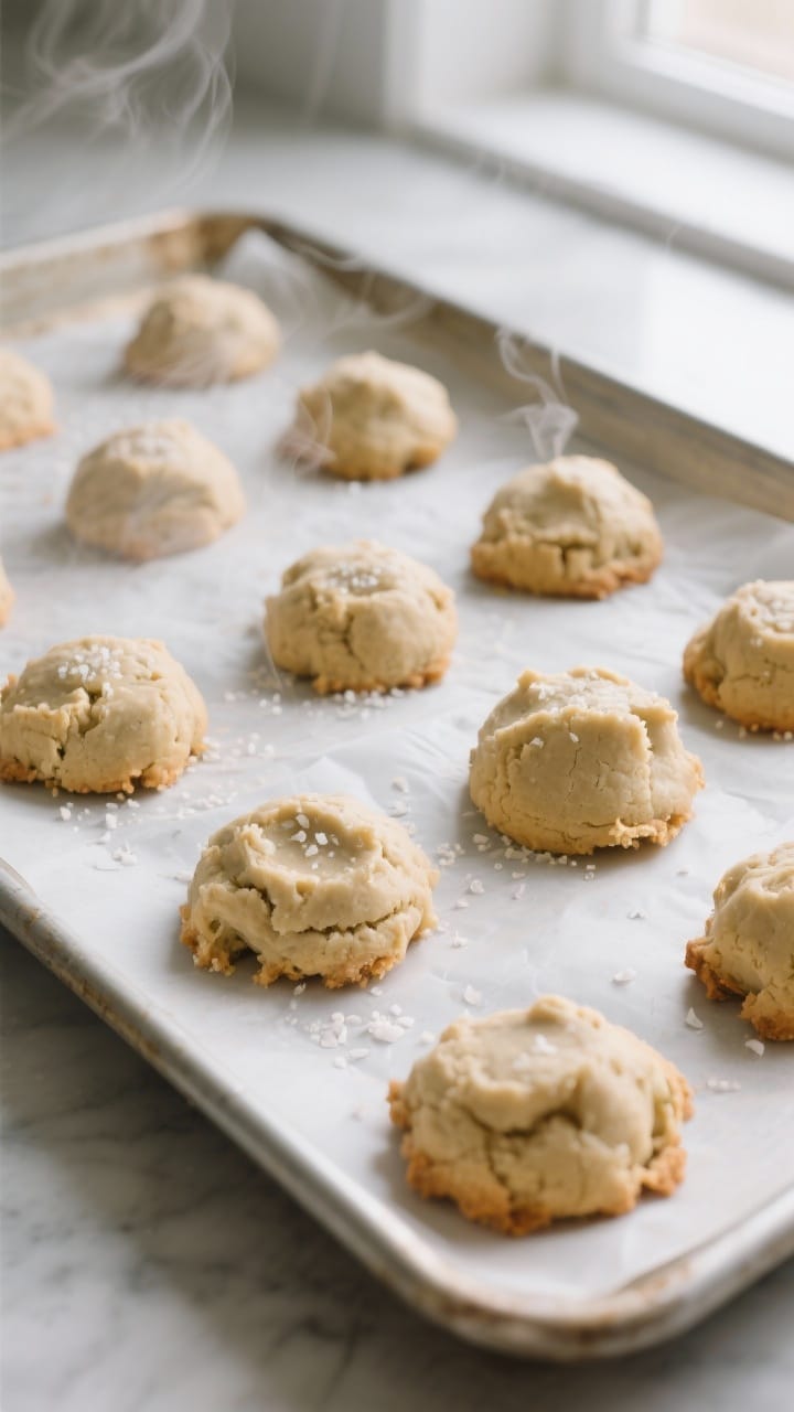 Cooking process: Overhead shot of scooped, chilled cookie dough mounds on a parchment-lined baking s