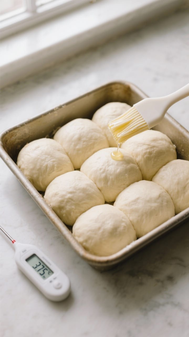 Cooking process: Overhead shot of shaped dough balls nestled in a greased 9x13 pan during the second