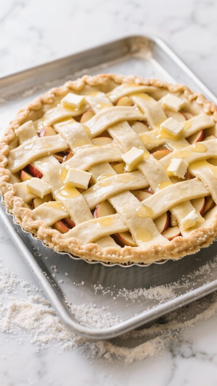 Cooking process: Overhead shot of the assembled, unbaked lattice-topped apple pie just brushed with 