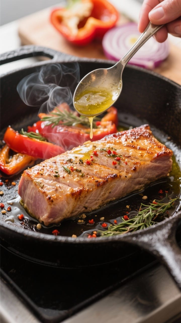 Cooking process: Pork tenderloin being pan-seared, golden-brown crust forming in a cast-iron skillet