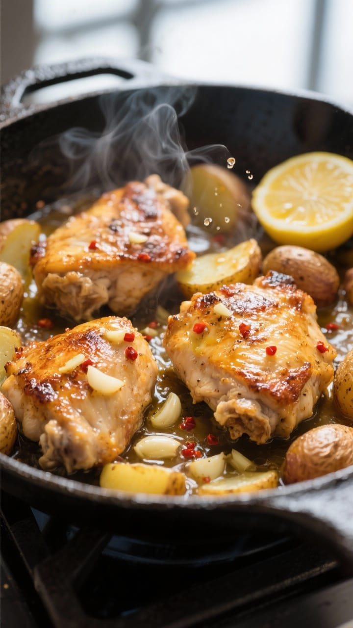 Cooking process – Searing stage: Close-up of golden-brown chicken thighs and crispy-edged baby pot