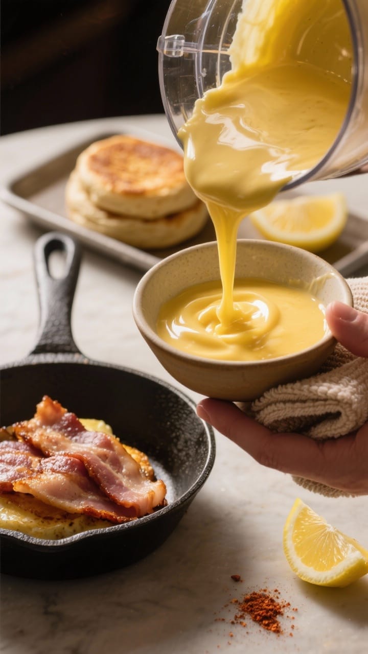 Cooking process: Silky blender hollandaise mid-pour into a small warm bowl, thick and glossy stream 