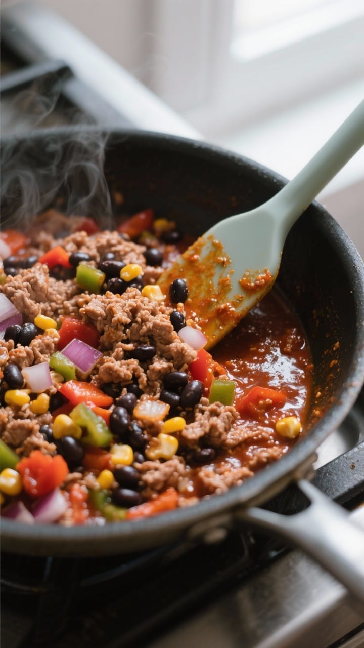 Cooking process: Taco-seasoned lean ground turkey simmering in a skillet with tomato paste and a spl