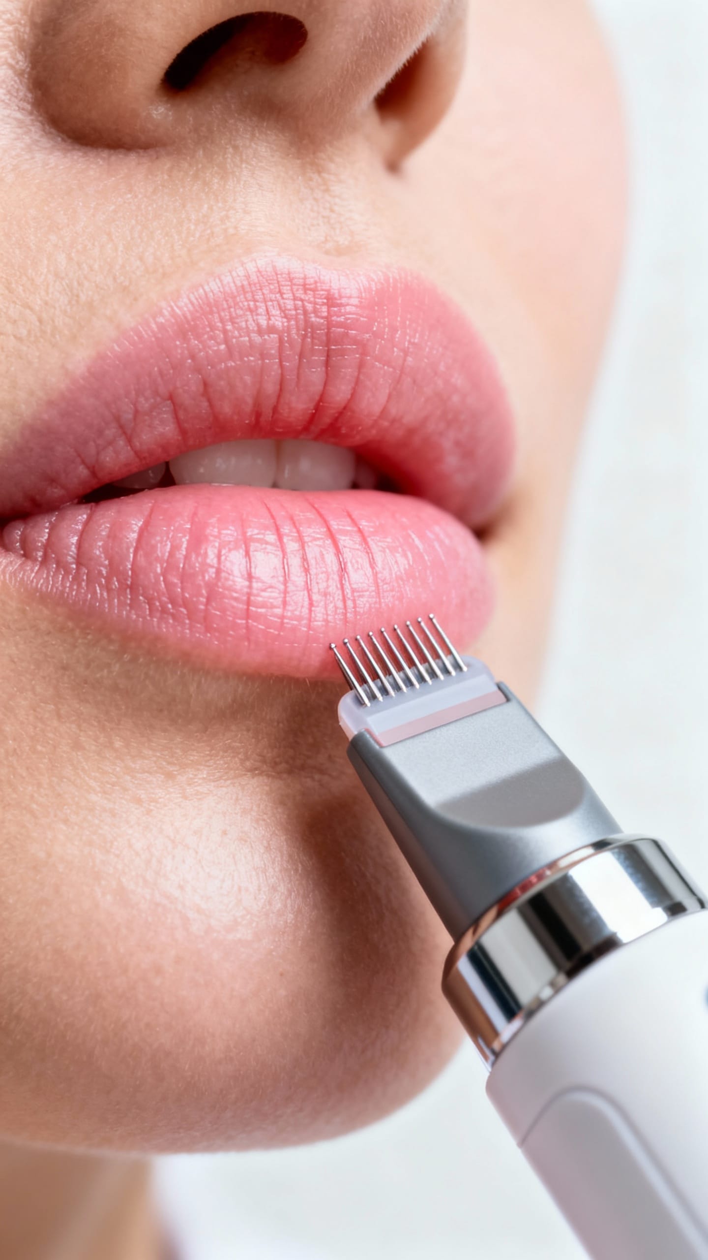 Derm office closeup micro-needling RF device treating upper lip lines
