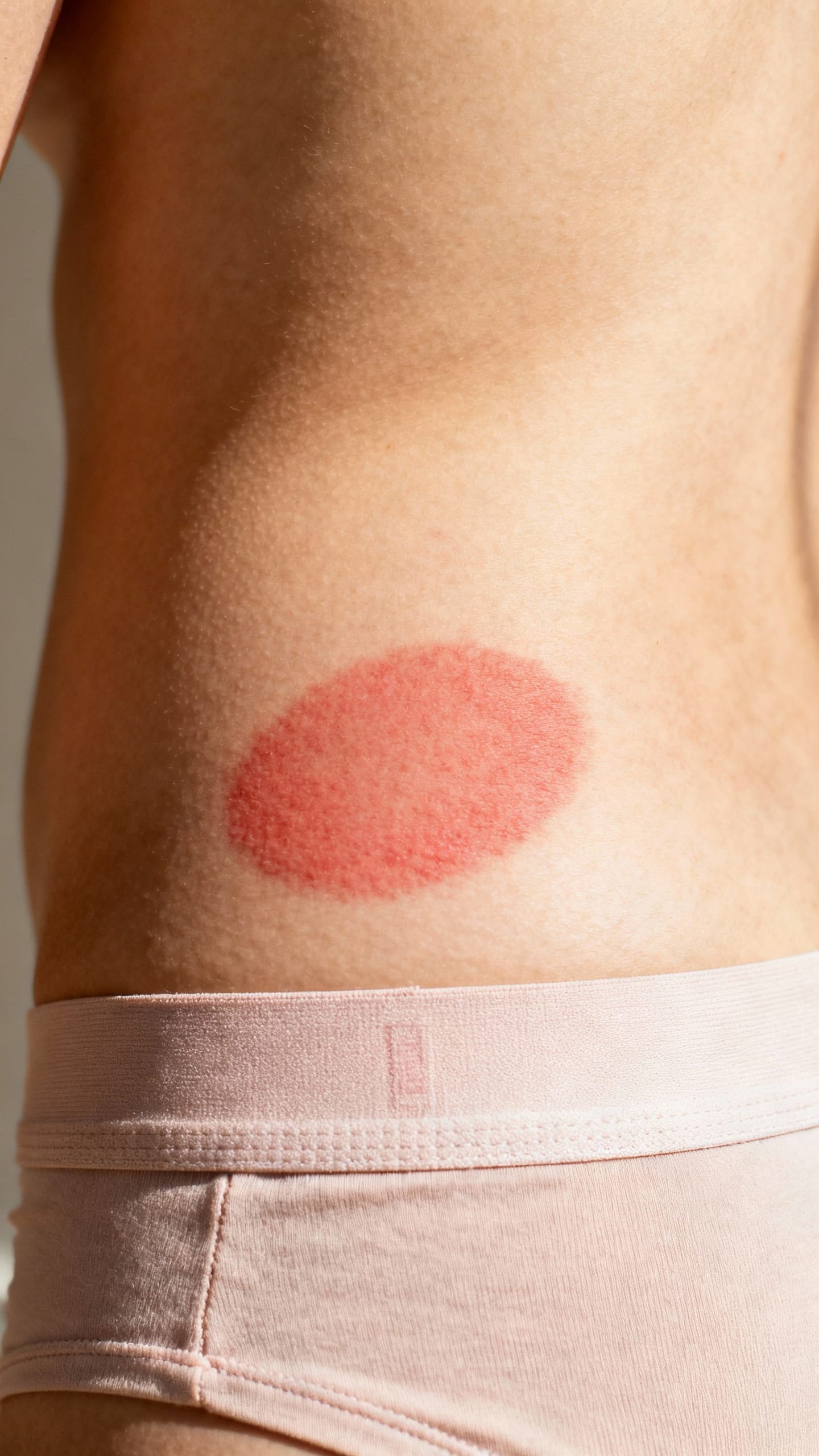 Expanding red oval rash on pale waistline, waistband imprint, warm skin